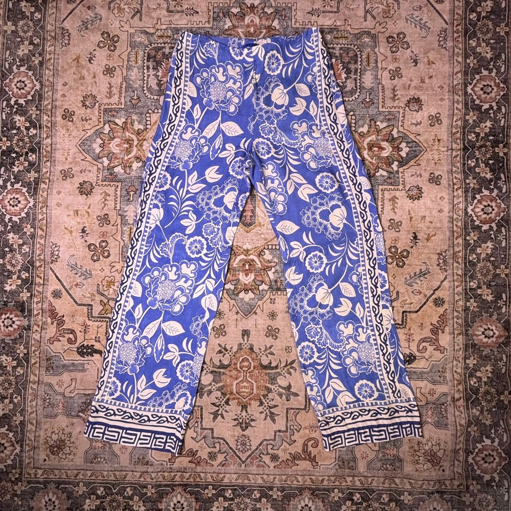 J.McLaughlin Blue White Floral Silk Viscose Blend Wide Leg Pants Size 4 Luxury